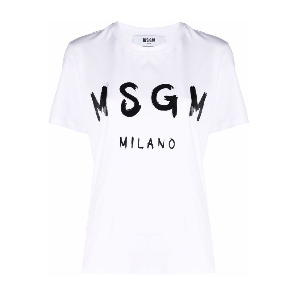 MSGM｜SHORT-SLEEVED ROUND NECK T-SHIRTS (3440MM105 23700 Round neck cotton T-shirt white with micro logo | Shop MSGM