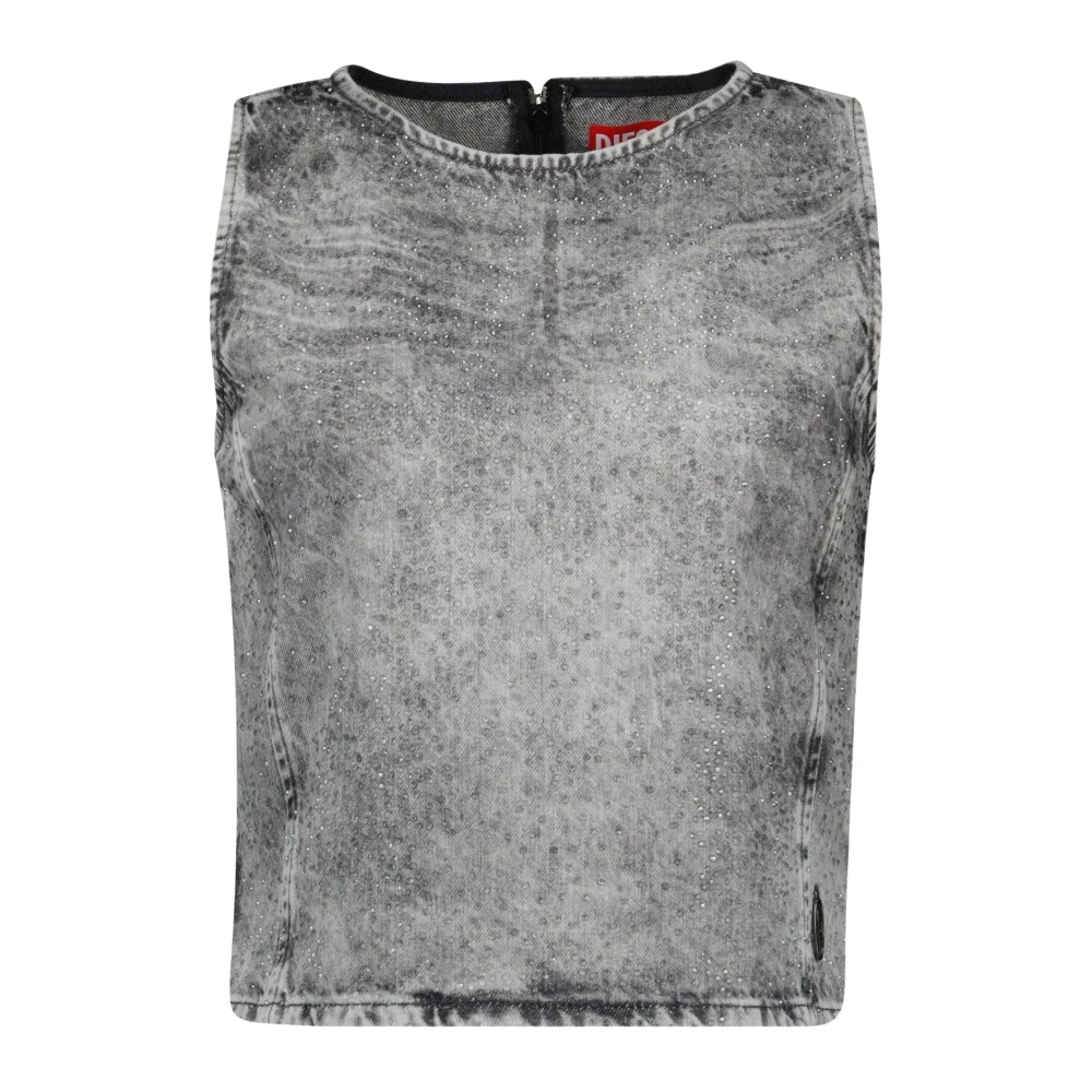 Diesel Women's Gray Denim Sleeveless Top With Rhinestones - Sleeveless Tops - M- Tops