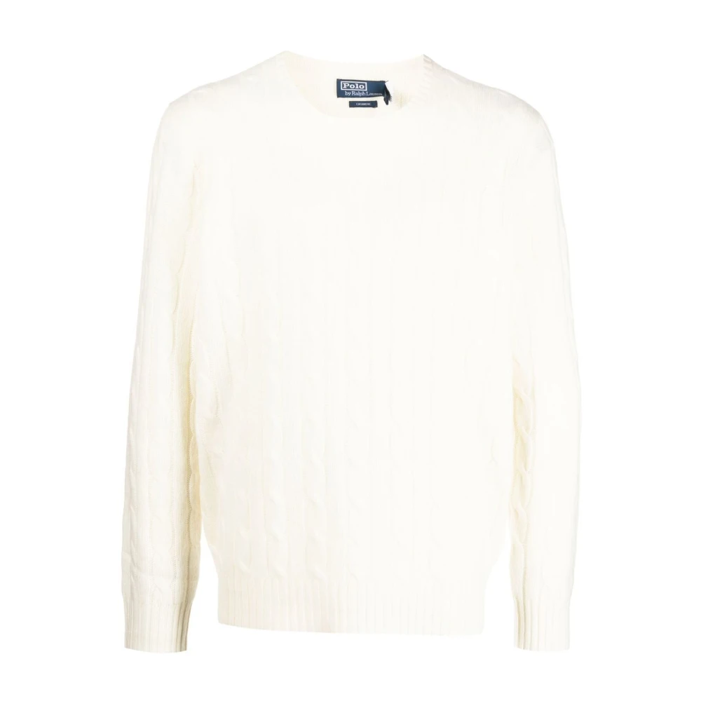 Polo Ralph Lauren Men's White Cashmere Knitwear, L, Cable-Knit Crewneck Jumper