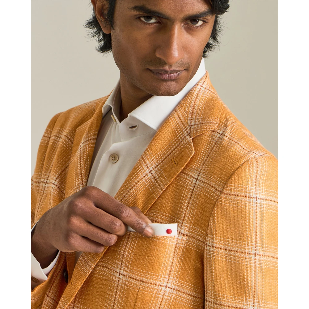 Kiton Geruite Cashmere Blend Blazer Orange Heren