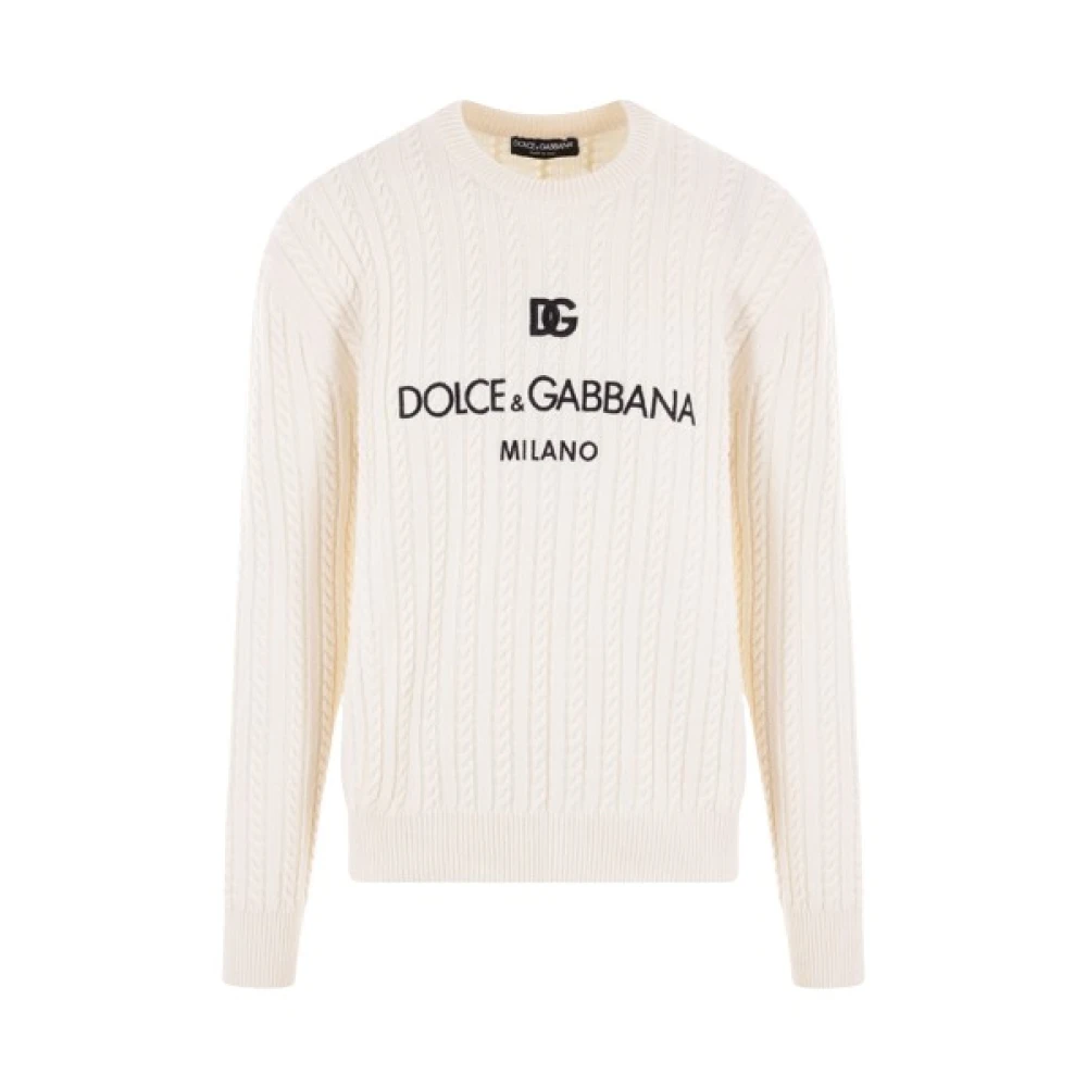 Dolce & Gabbana Ivoor Wol Logo Trui Beige Heren