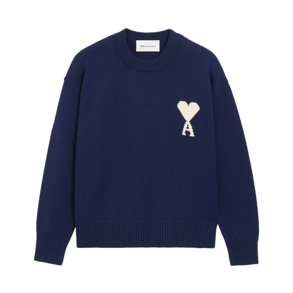 Ami Paris Women's Blue Round-Neck Knitwear, M, De Coeur Crewneck Jumper