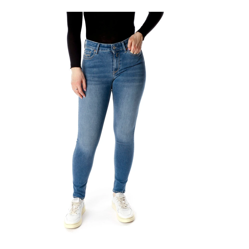 Replay Highwaist Skinny Fit Jeans met Distressed Details Blue Dames