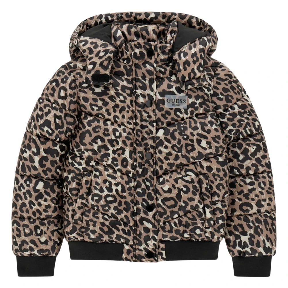 Guess , Winter Jackets, Female, Brown, 7 Y, Leopard Print Hooded Puffer Jacket
