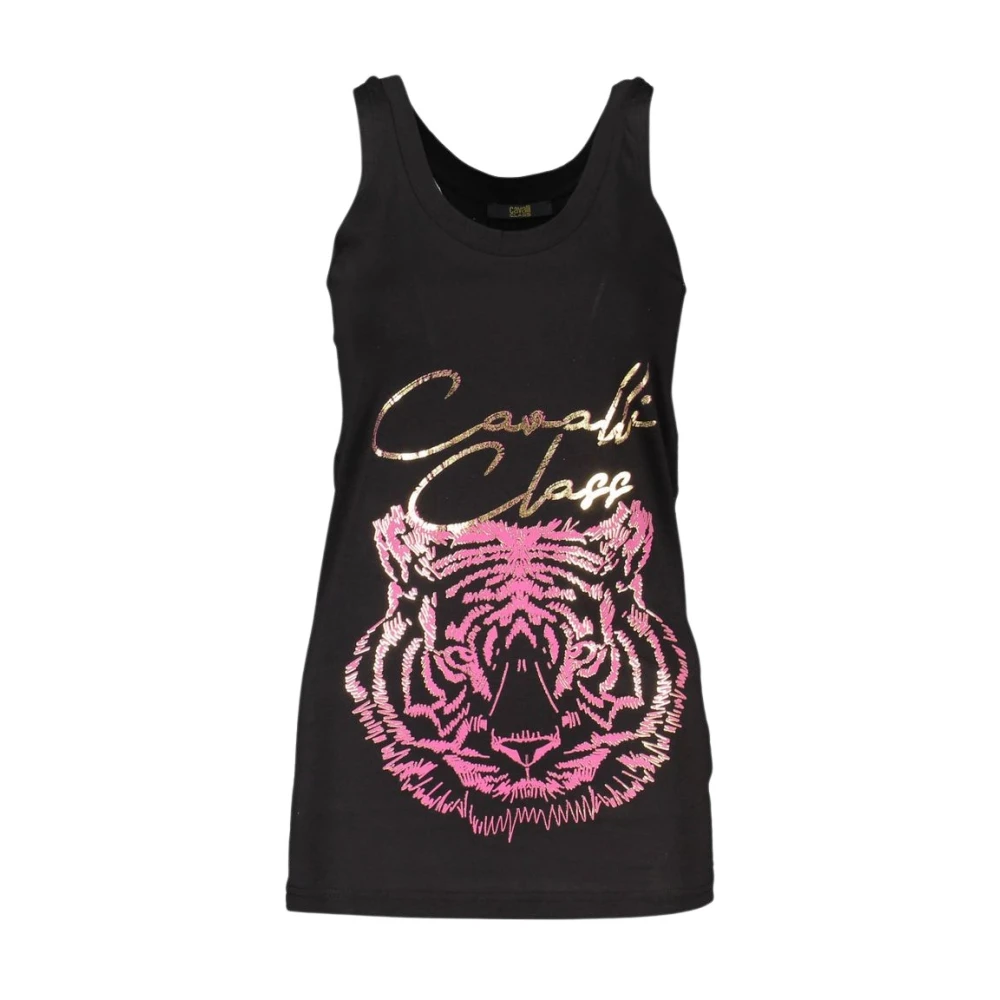 Cavalli Class Women's Black Sleeveless Tops, S, Elegant Printed Tank Top With Wide Shoulders