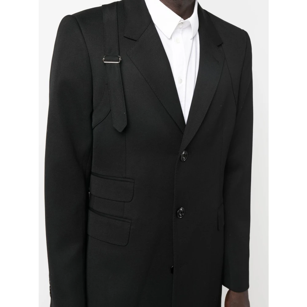 alexander mcqueen Zwarte Wolen Jas met Enkele Rij Knopen en Harnas Schouder Black Heren