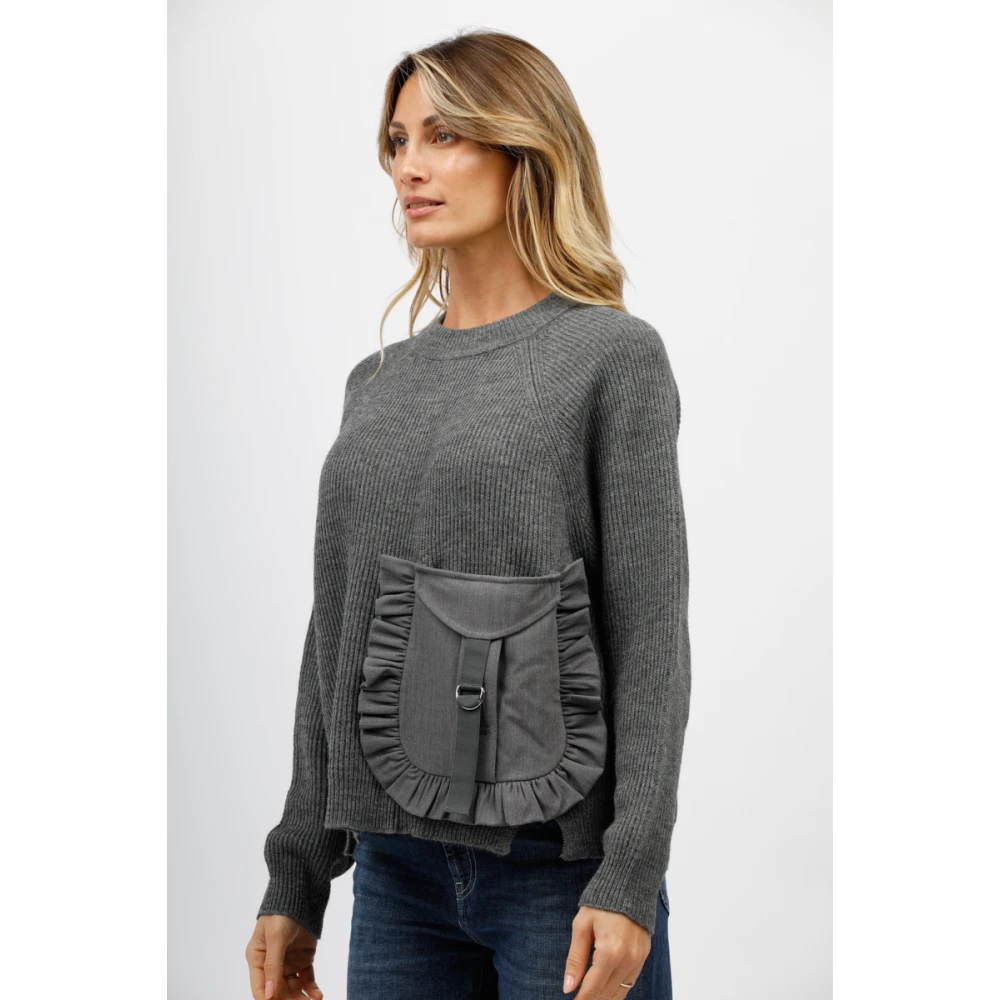 MeiMeiJ Raglanmouw Ronde Hals T-shirt met Zak Gray Dames
