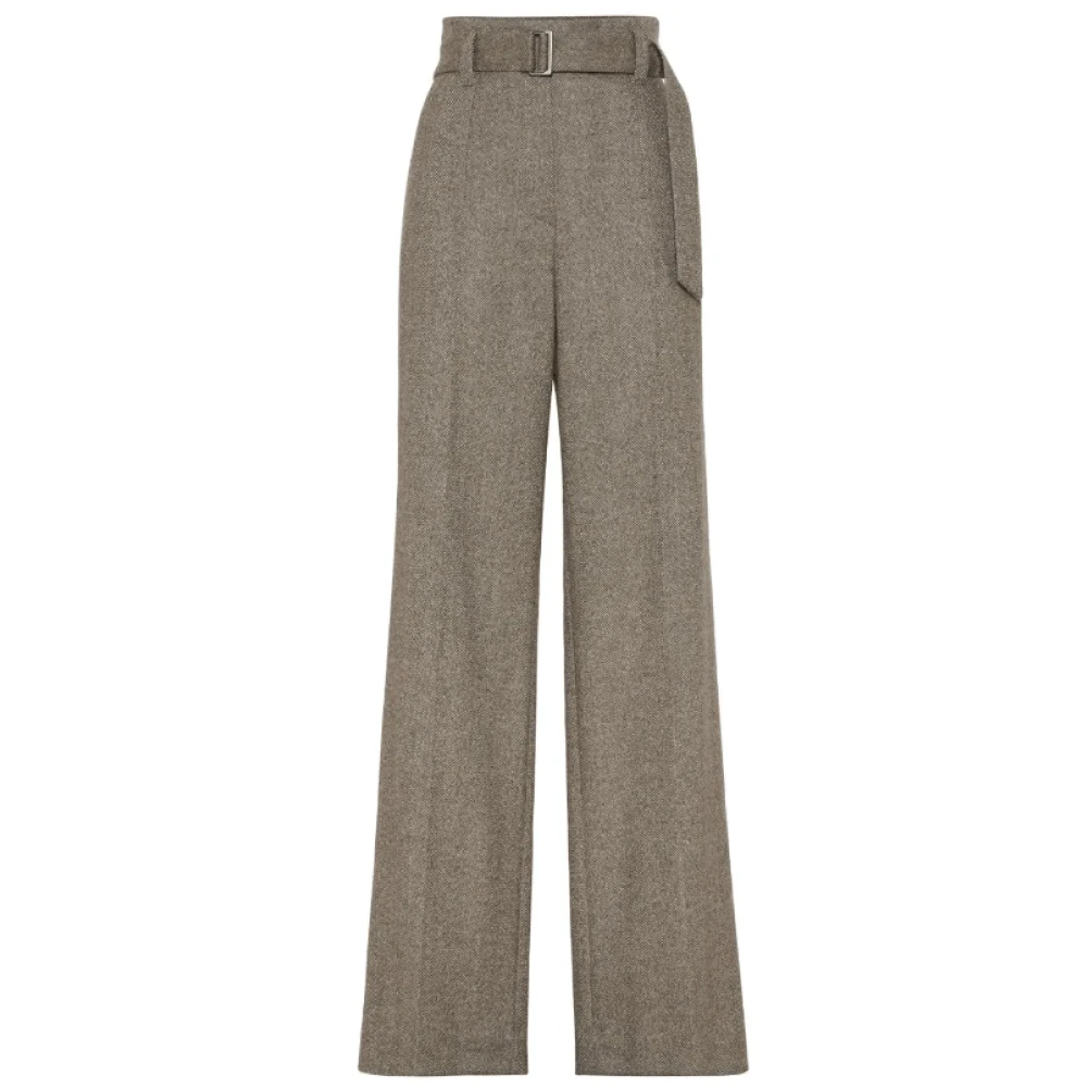 BRUNELLO CUCINELLI Herringbone Wool Blend Trousers Brown Dames