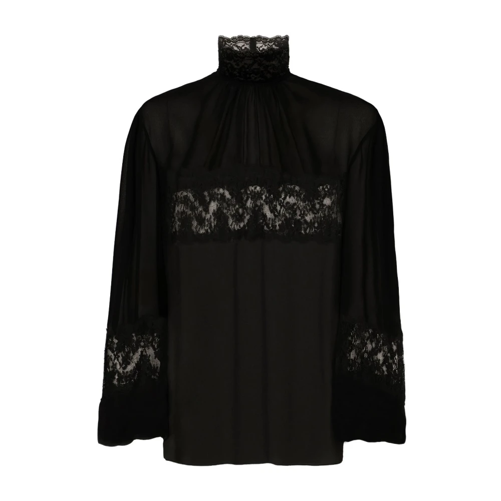 Dolce & Gabbana Zwarte zijden chiffon blouse met kanten inzetstukken Black Dames