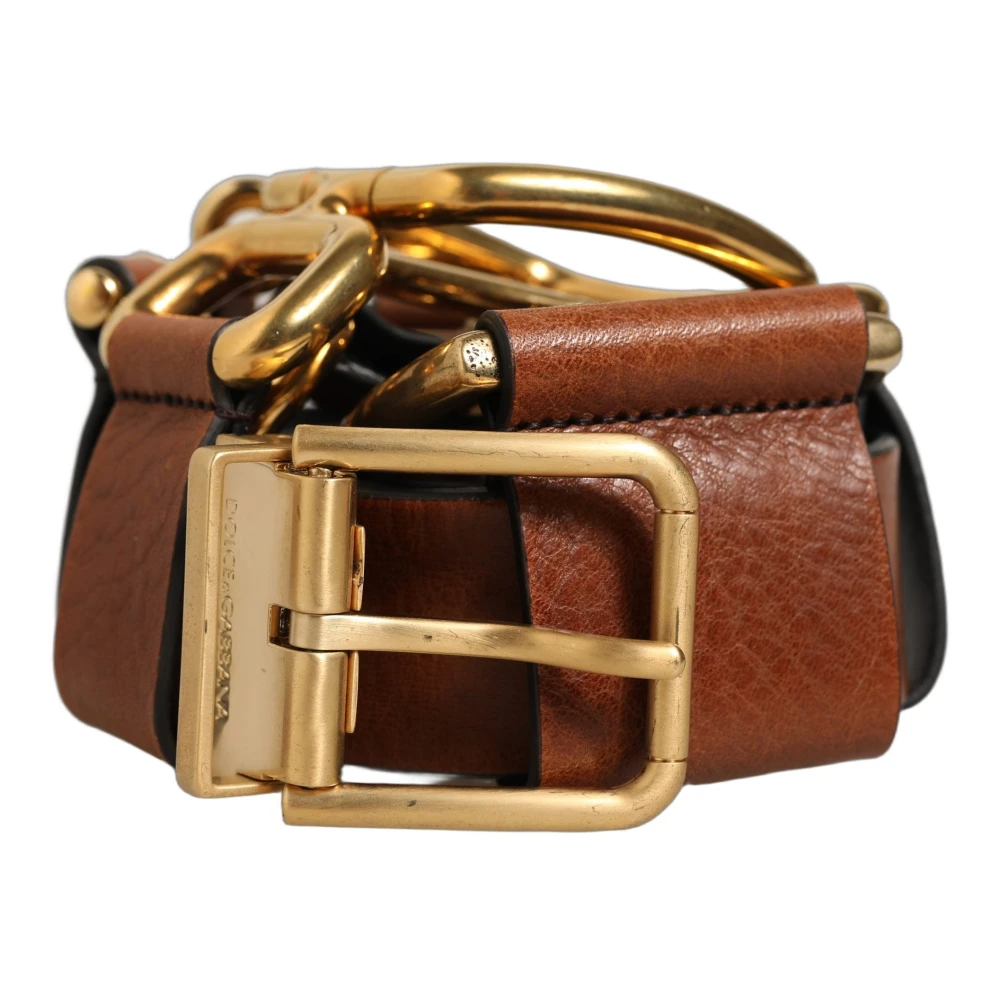Dolce & Gabbana Brown Leather Gold Metal Rings Buckle Belt - 100 cm / 40 Inches - Image 2