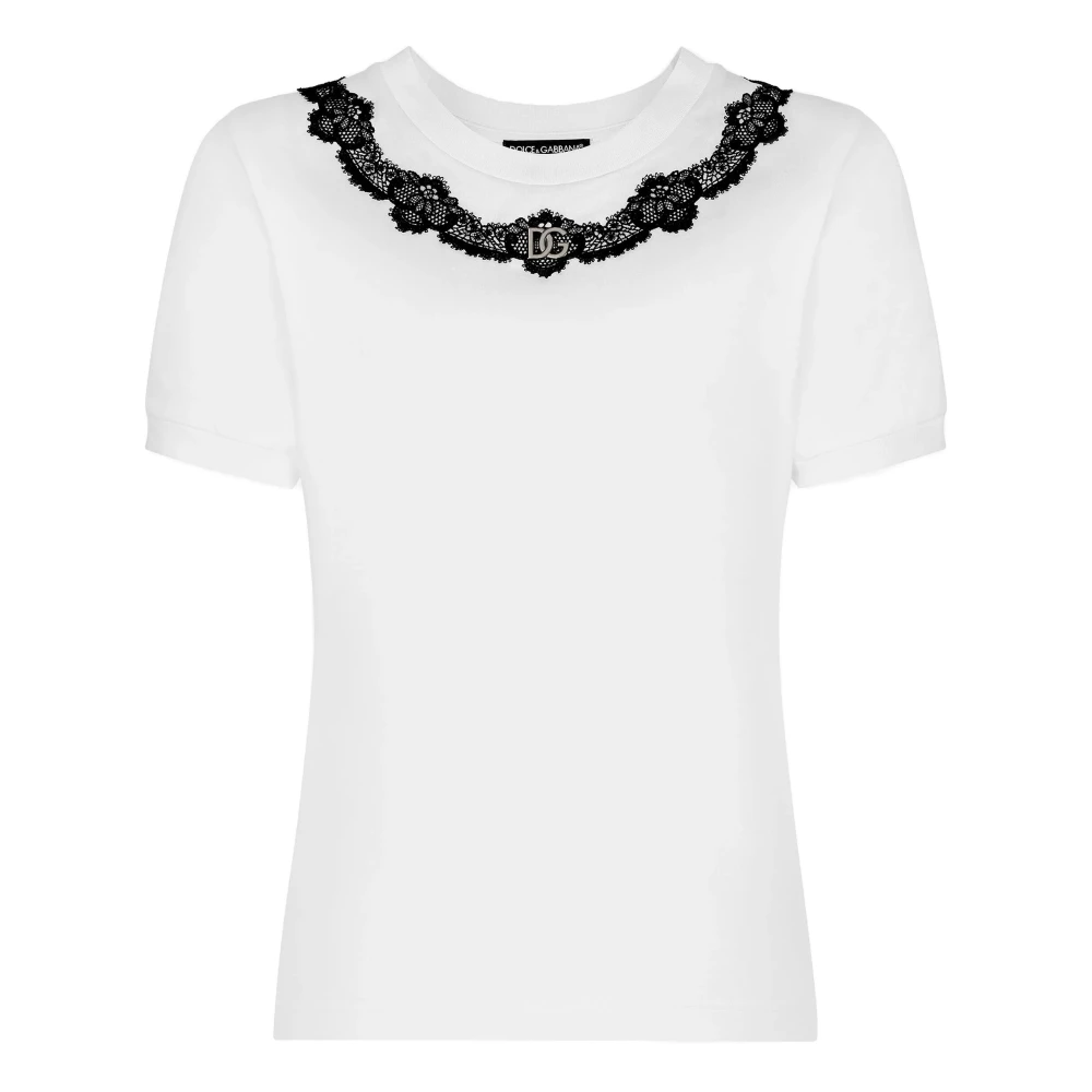 Dolce & Gabbana White T-Shirts, Female, Xs, Logo Dg Lace Jersey T-Shirt