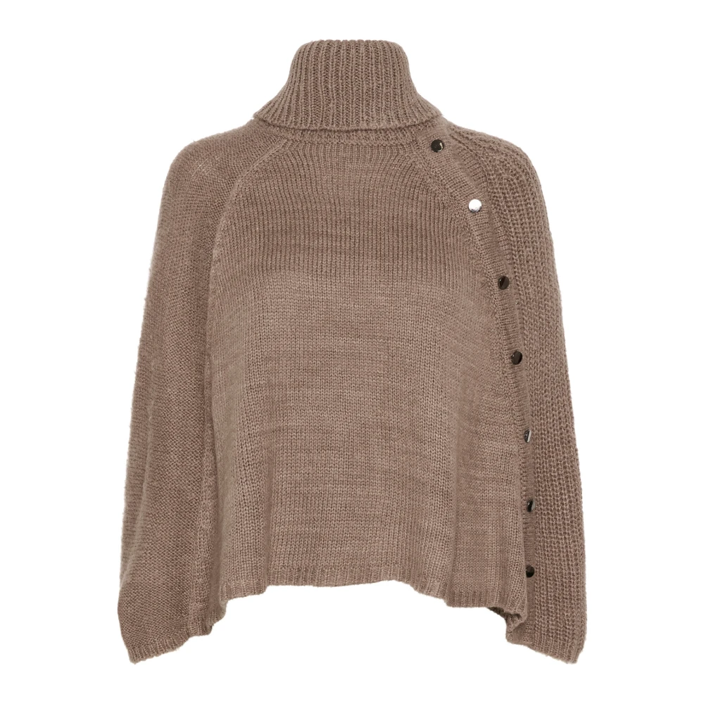 Cream Taupe Gray Gebreide Poncho met Knopen Gray Dames