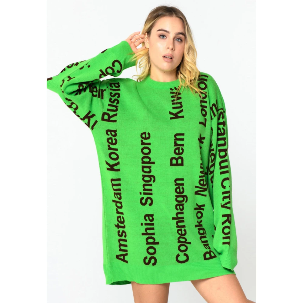 Cesare Gaspari Oversized City Print Gebreide Trui Groen Multicolor Dames