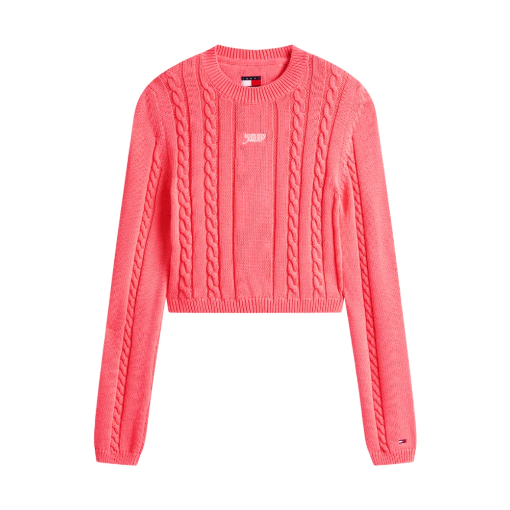 Tommy Jeans Women's Red Round-Neck Knitwear, Xs, Logo Embroidery Cable Knit Slim Jumper