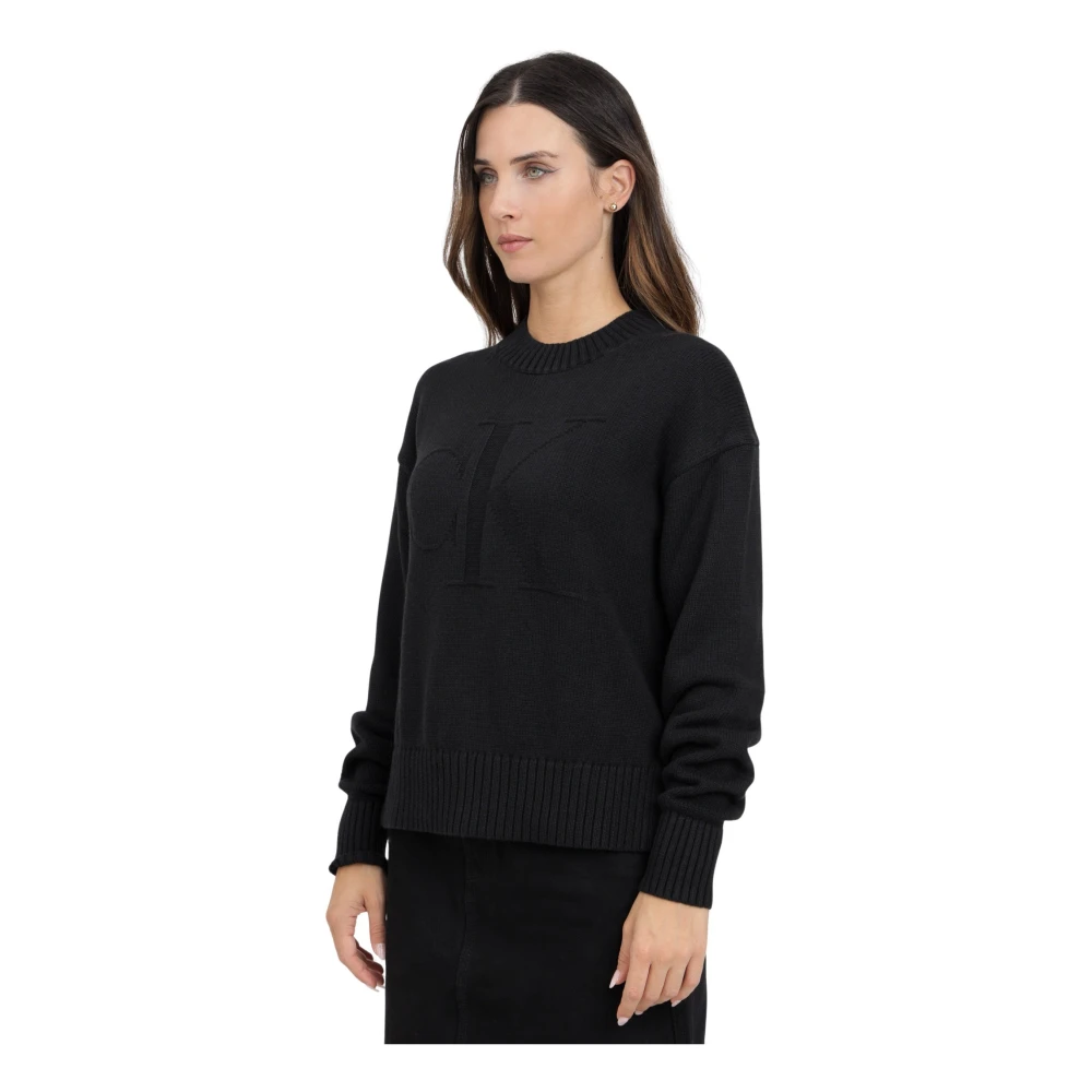 Calvin Klein Jeans Women's Black Crewneck Jumper With Monogram - Round-Neck Knitwear - Xs - Knitwear