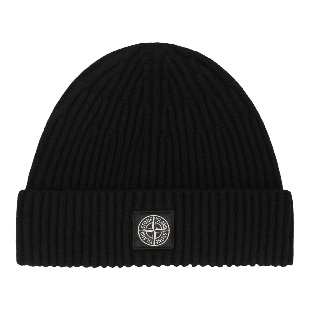 Stone Island Black Accessories, Male, One Size, Ribbed Wool Beanie With Front Logo