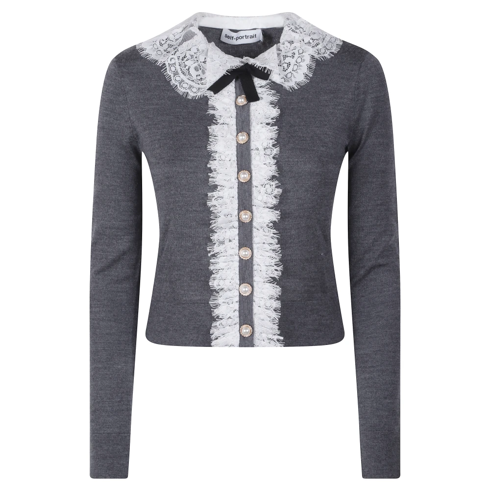 Self Portrait Lace Collar Knit Cardigan - Female - Cardigans - Gray - L - Knitwear