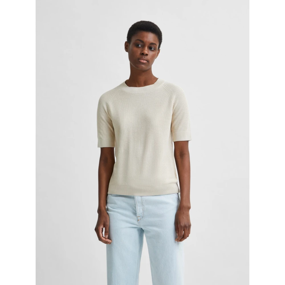 Selected Femme Elina Korte Mouw Gebreide Top Beige Dames