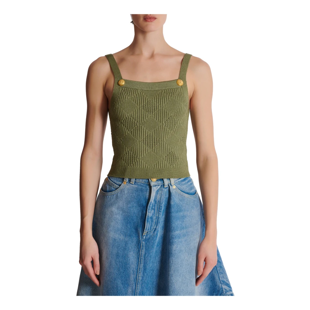 Balmain Cropped top in gingham openwork knit Green Dames