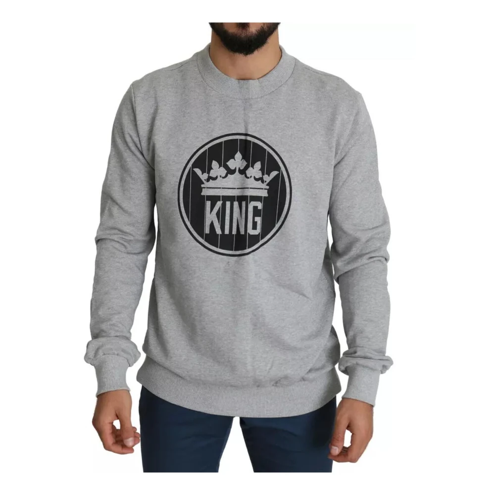 Dolce & Gabbana Men's Gray Sweatshirts, Xl, Crown King Print Cotton Pullover Jumper