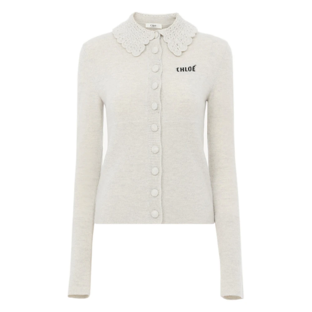 Chloé Women's Gray Cardigans, L, Fitted Logo Cardigan In A Wool Knit