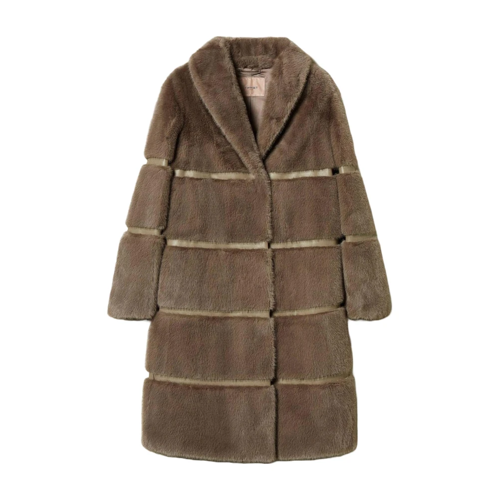 Twinset Imitatiebont Lange Jas Donker Taupe Gray Dames