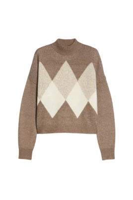Argyle Cropped Turtleneck Sweater