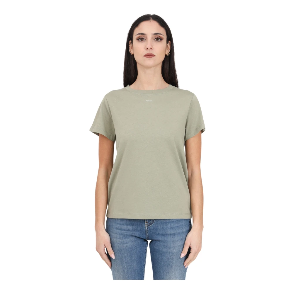 Pinko Groene Katoenen Basic T-shirt met Mini Logo Green Dames