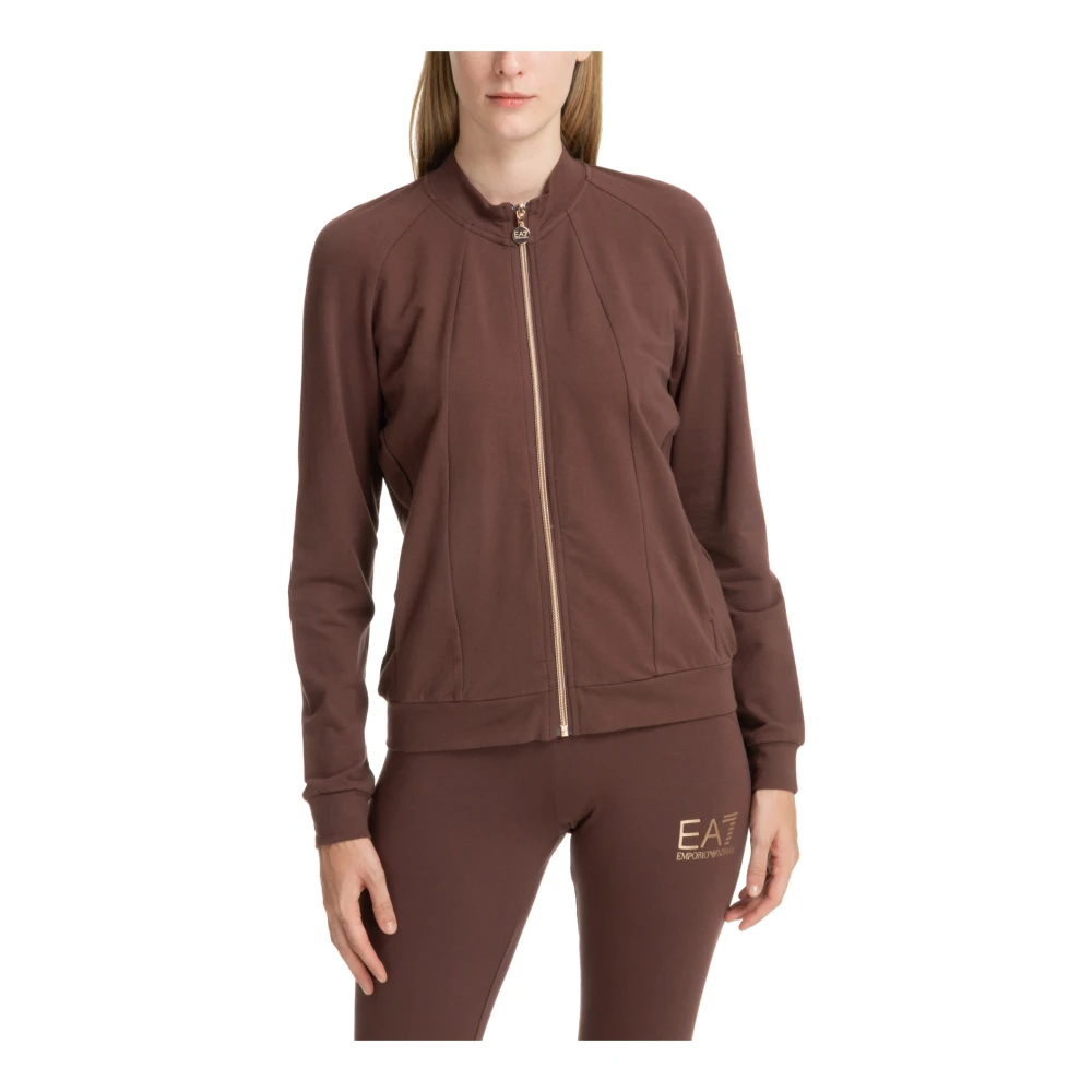 Emporio Armani EA7 Effen Sweatshirt met Rits en Logo Brown Dames