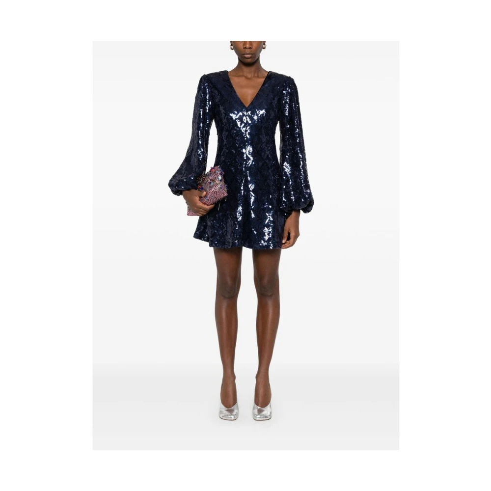 Rotate Birger Christensen Blauwe Pailletten Jurk met V-Hals Blue Dames