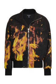 Fire print denim bomber jacket