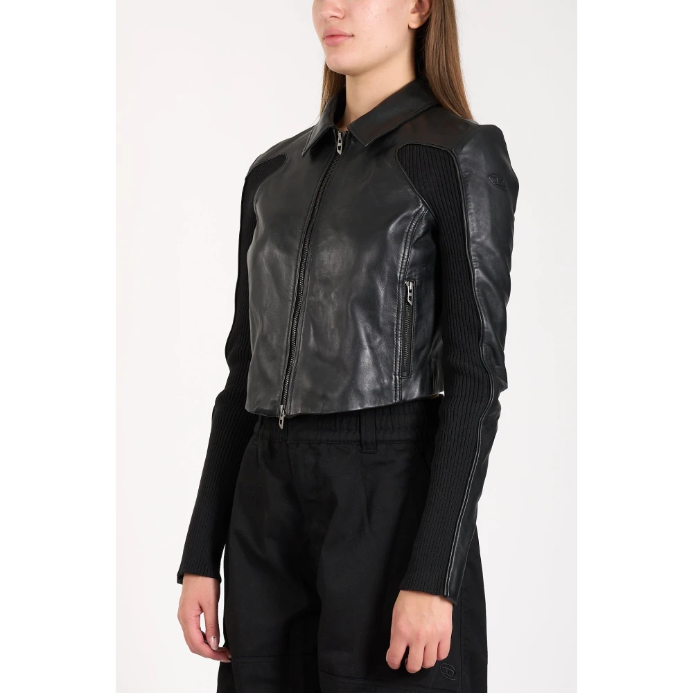 Diesel Geknipte leren jas met gebreide panelen Black Dames
