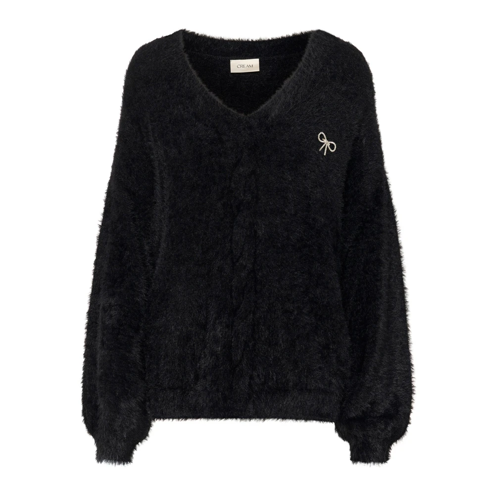 Cream Zwarte Gebreide Trui met Pofmouwen Black Dames