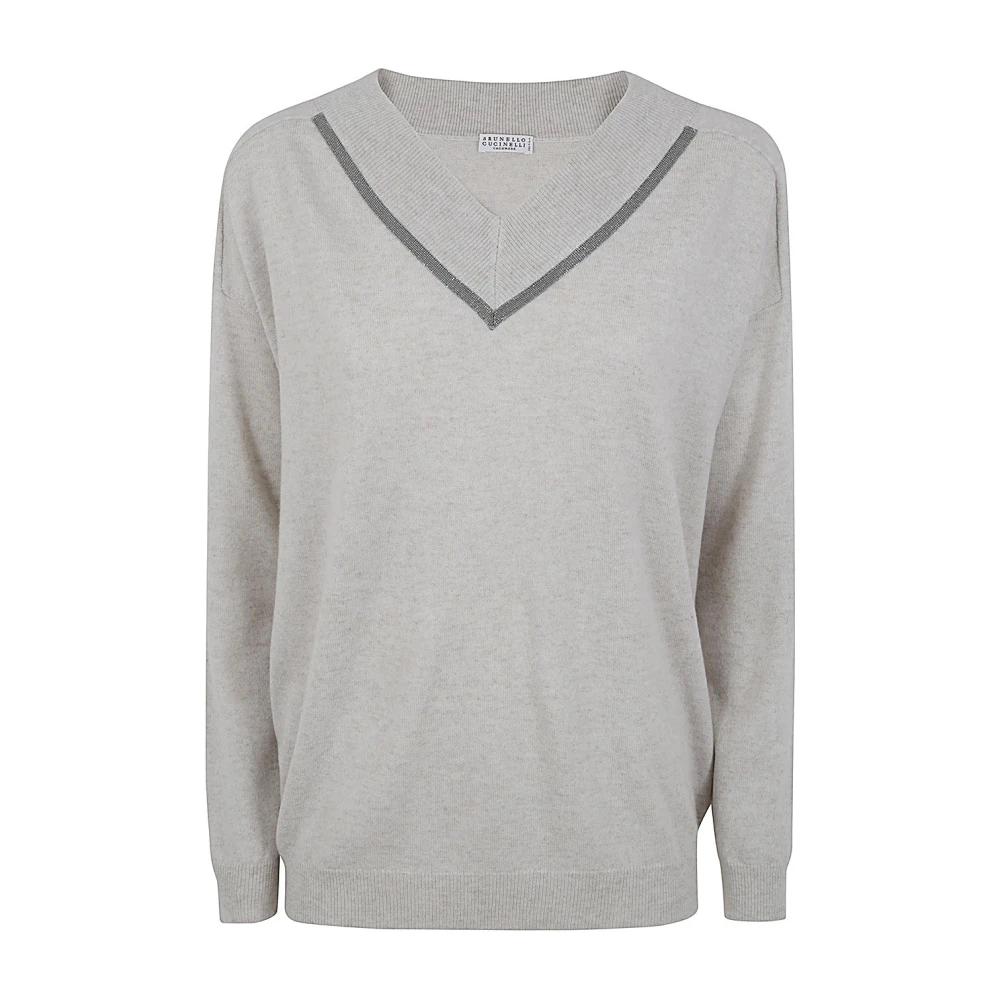 BRUNELLO CUCINELLI Crème V-Neck Jumper Gray Dames