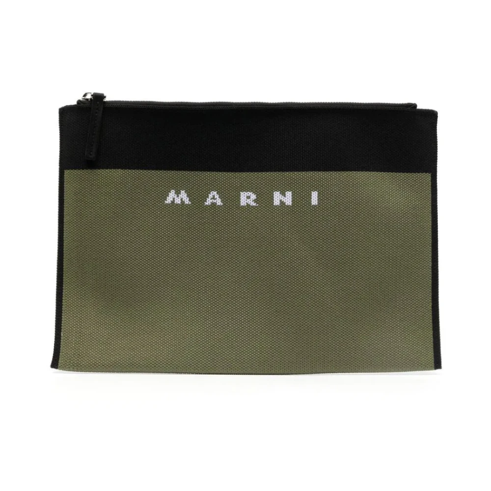 Marni Grön Logo-Broderad Dragkedja Clutch Väska Green, Dam