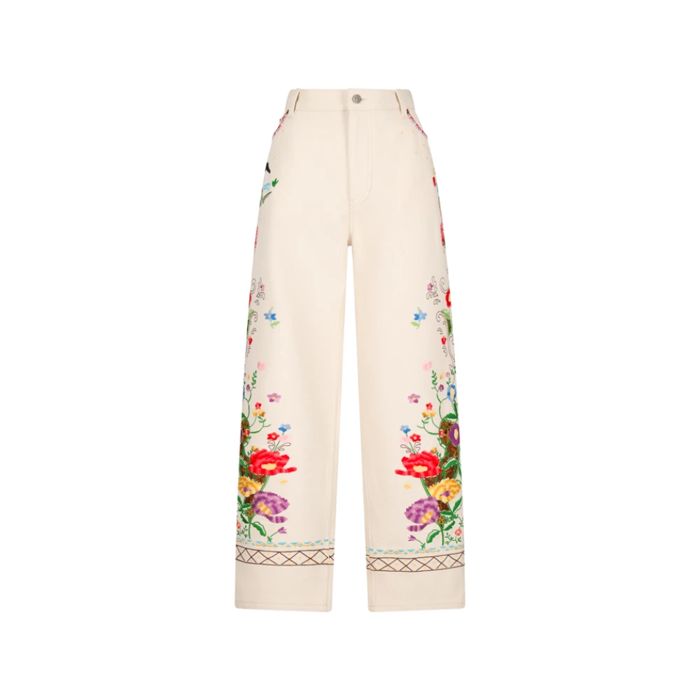 Valentino Garavani Women's Beige Wide Trousers, W25, Embroidered Denim Trousers Ecru Embroidery