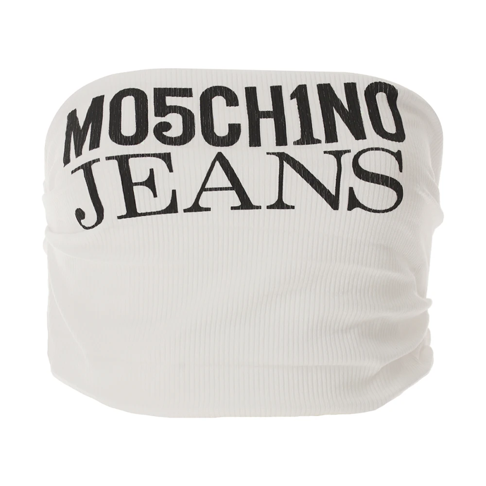 Moschino Logo Top Crop Print Wit Geribbeld White Dames