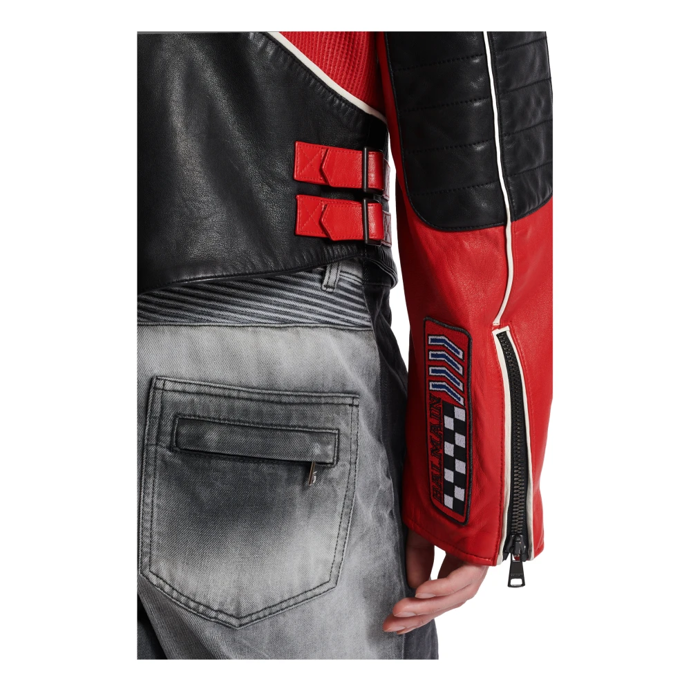 Balmain Lamsleren jas met Racing-patches Red Heren
