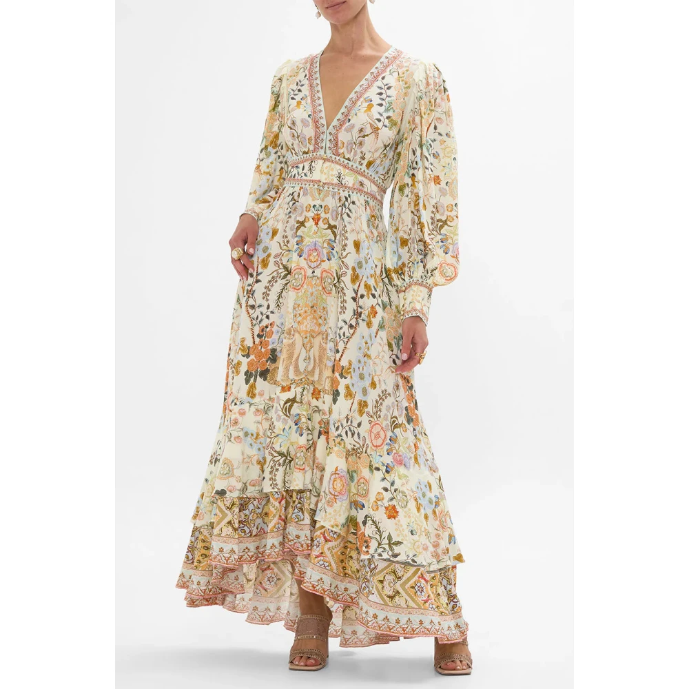 Camilla Zijden Jurk met Lotusbloem Motieven Beige Dames
