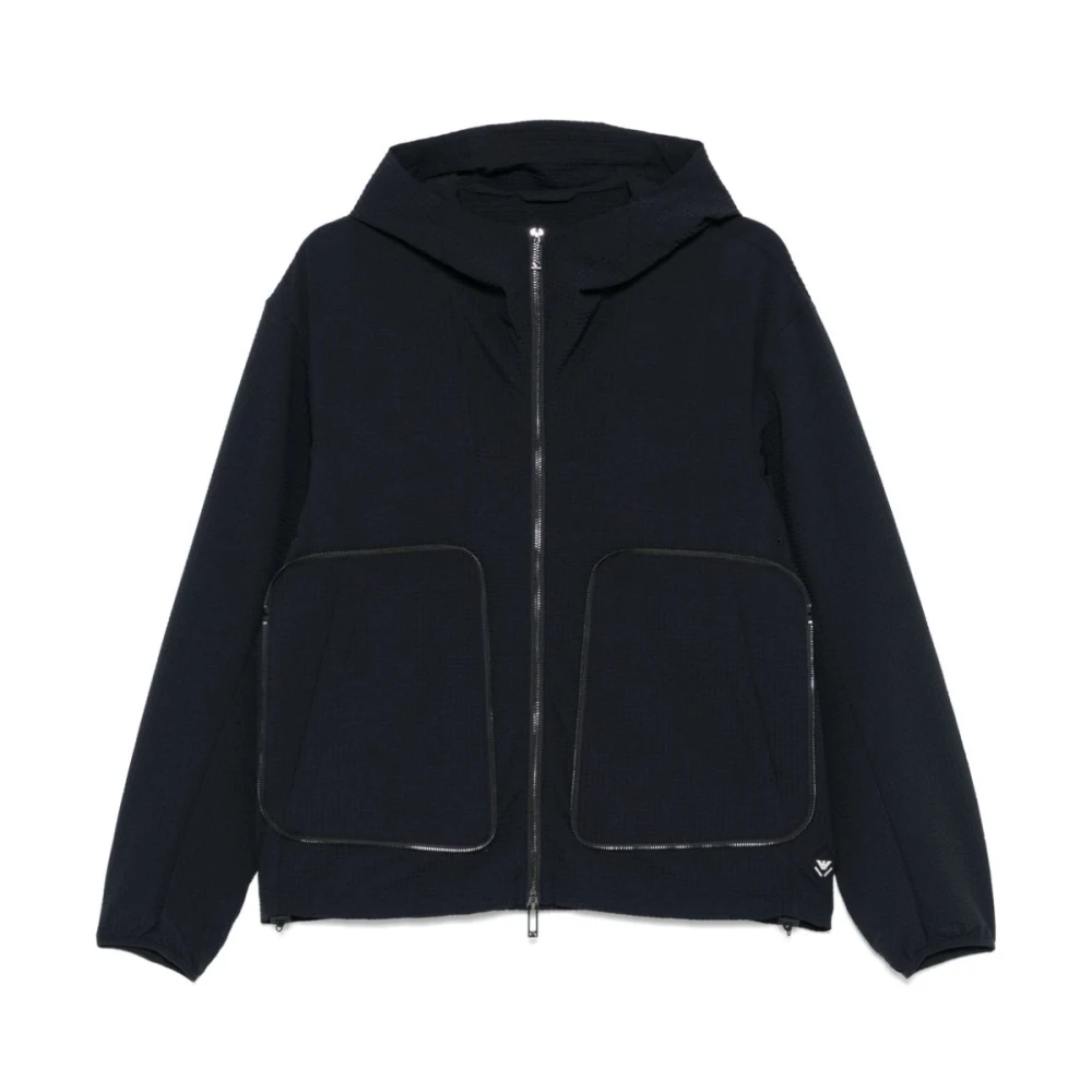 Emporio Armani Blauwe Seersucker Hooded Jas Lichtgewicht Rits Blue Heren