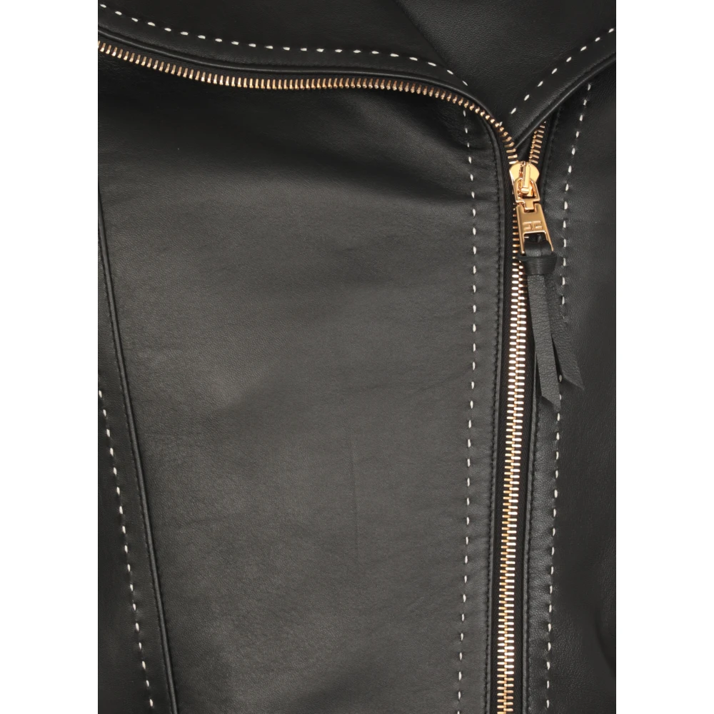 Elisabetta Franchi Zwarte leren jas met ritssluiting zakken Black Dames