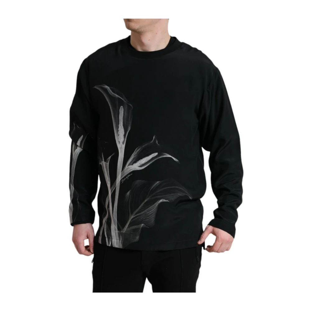 Dolce & Gabbana Zwart Bloemenprint Zijden Crewneck Sweater Black Heren