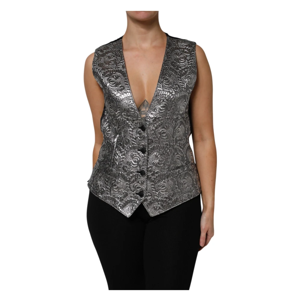 Dolce & Gabbana Women's Silver Floral Jacquard Sleeveless Vest Top
