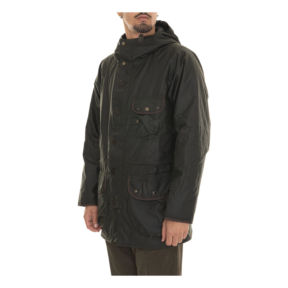 Barbour Gewaxte Parka Jas met Leren Afwerking Green Heren