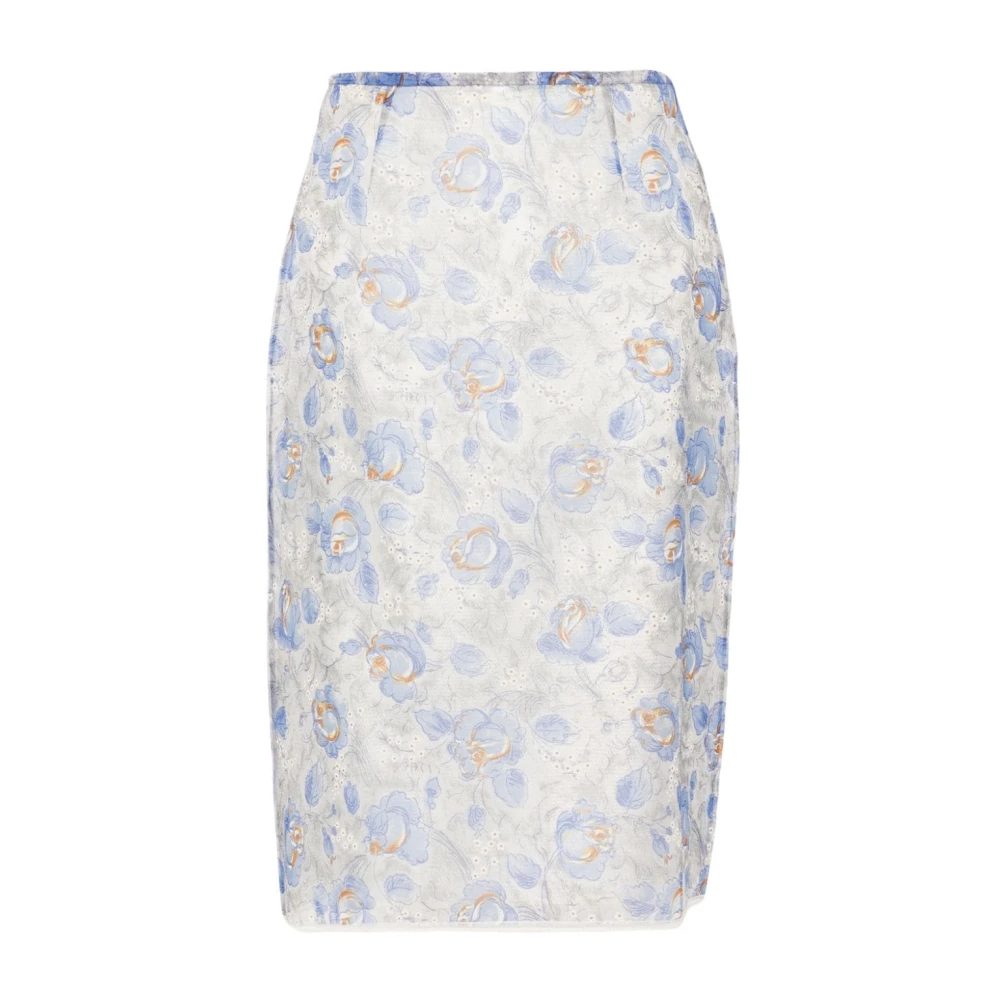 Prada Heldere Blauwe Bloemenpotloodrok Blue Dames