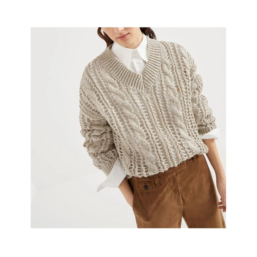 BRUNELLO CUCINELLI Beige Geribbelde V-hals Trui Gray Dames
