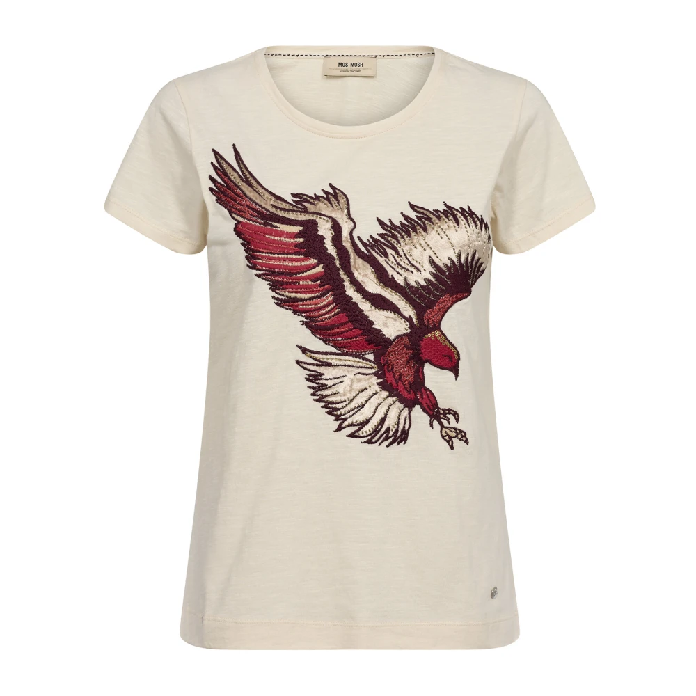 MOS MOSH Geborduurde Eagle Tee Top T-Shirt Beige Dames