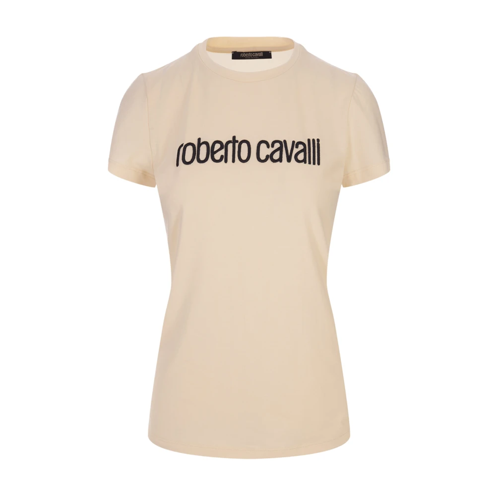 Roberto Cavalli Ivoor Stretch Katoenen T-shirt met Logo Borduursel White Dames