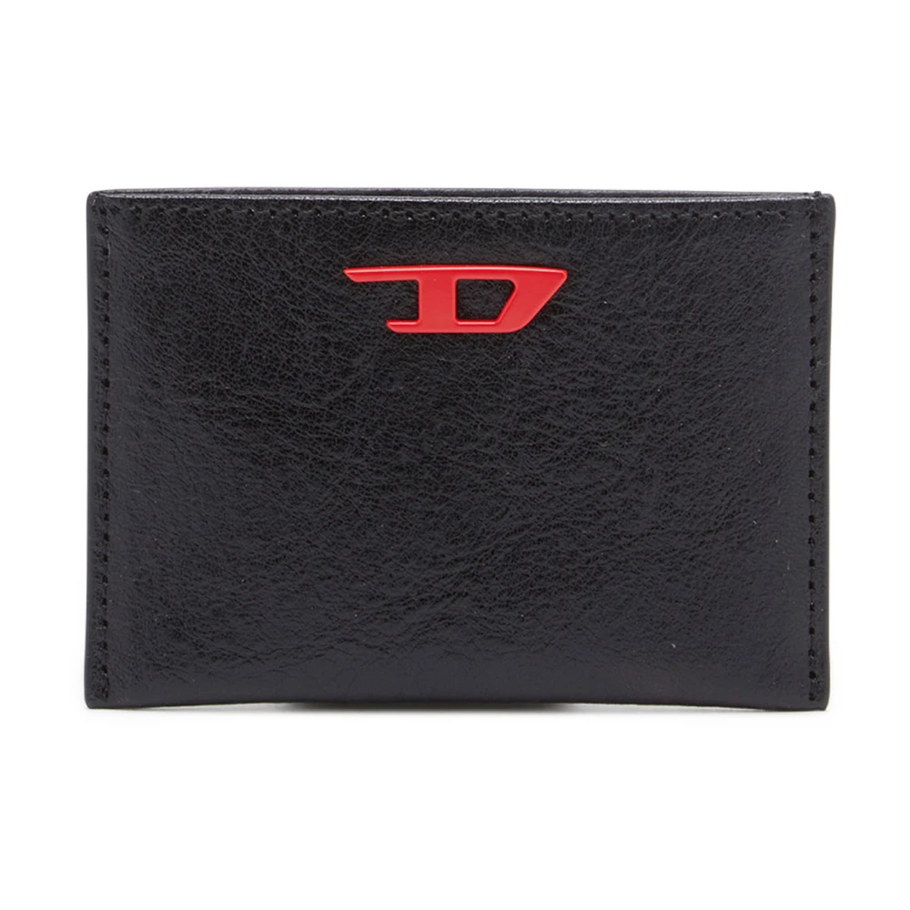 Diesel Leather bi-fold wallet with red D plaque Black Heren