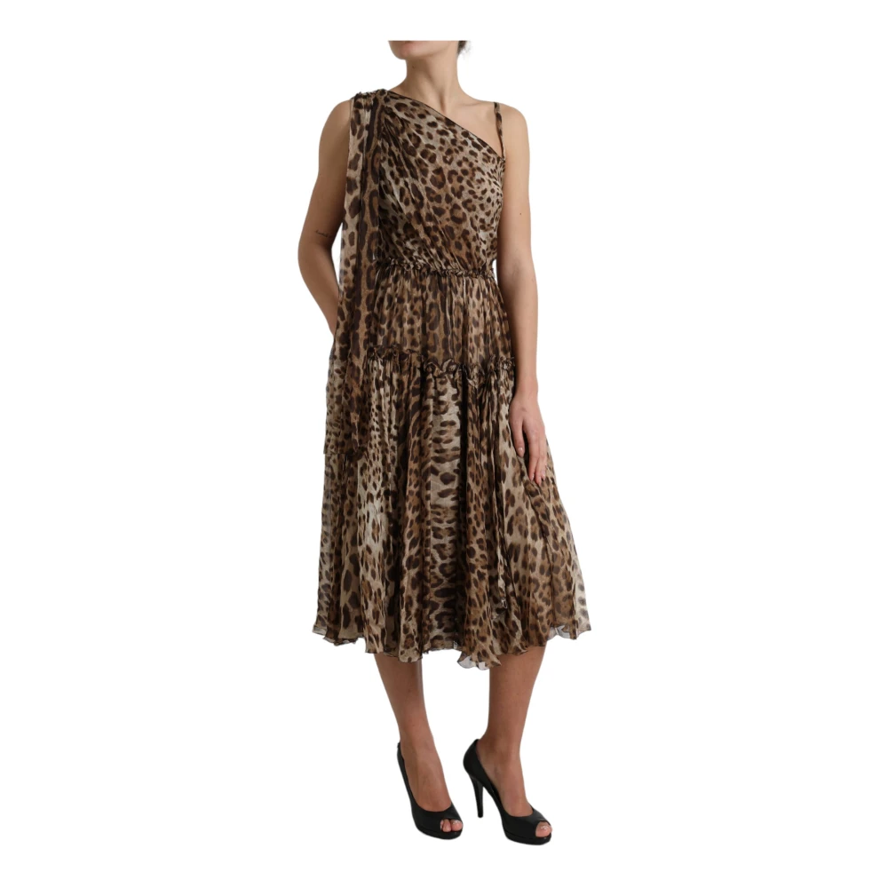 Dolce & Gabbana Luipaard One-Shoulder Midi Jurk Brown Dames